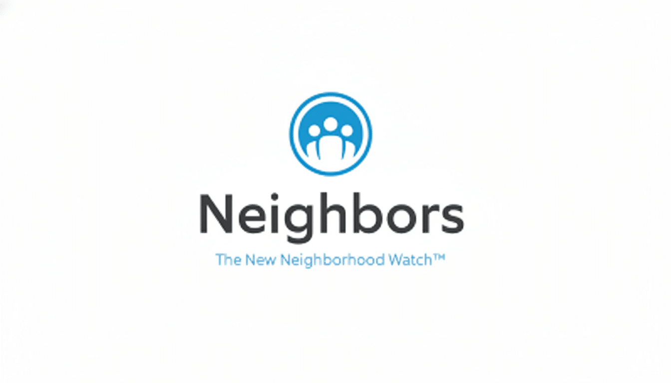 Neighbors app logo with a blue icon depicting three stylized people inside a circle , above the word Neighbors in dark gray and The New Neighborhood Watch™ in a lighter blue, all on a white background , resized to 16 :9 aspect ratio .