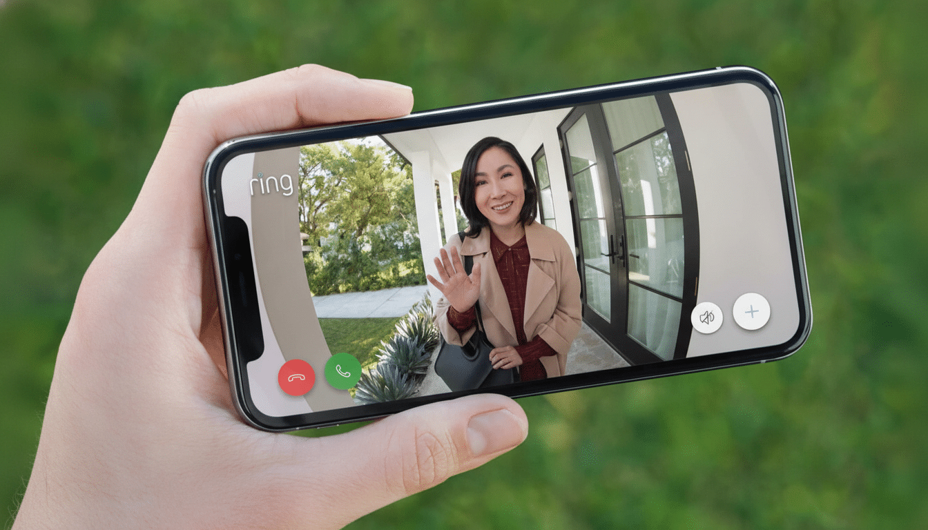 A hand holds a smartphone displaying a video call from a Ring doorbell, showing a smiling woman waving from a doorway .