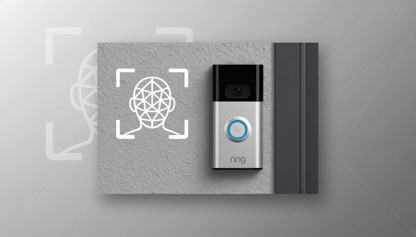 A Ring doorbell with a blue button on a gray wall, next to a white facial recognition icon. The image has been resized to a 16:9 aspect ratio with a subtle gray gradient background. Filename : ringdoor bellfacial recognition16 9. png