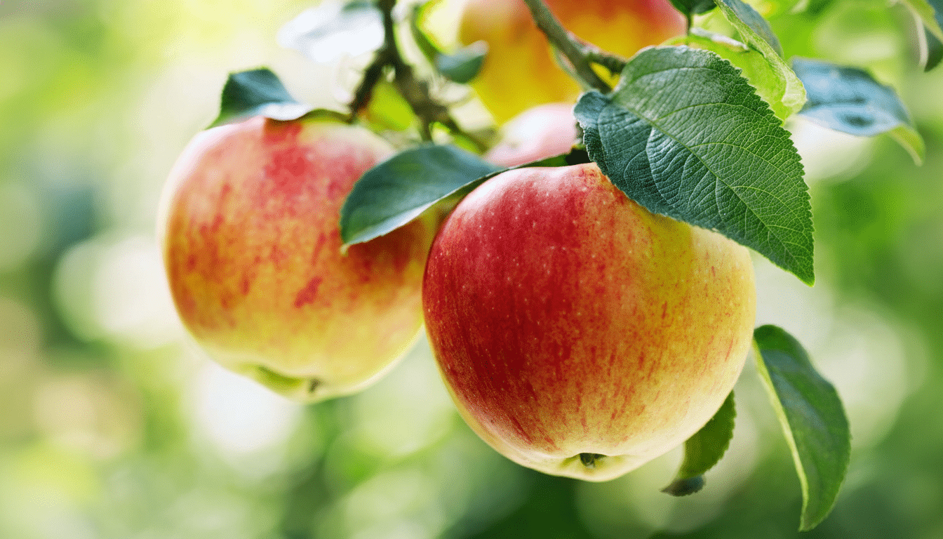 A close-up of two ripe , red and yellow apples hanging from a branch with green leaves, set against a soft, out-of- focus natural green background.
