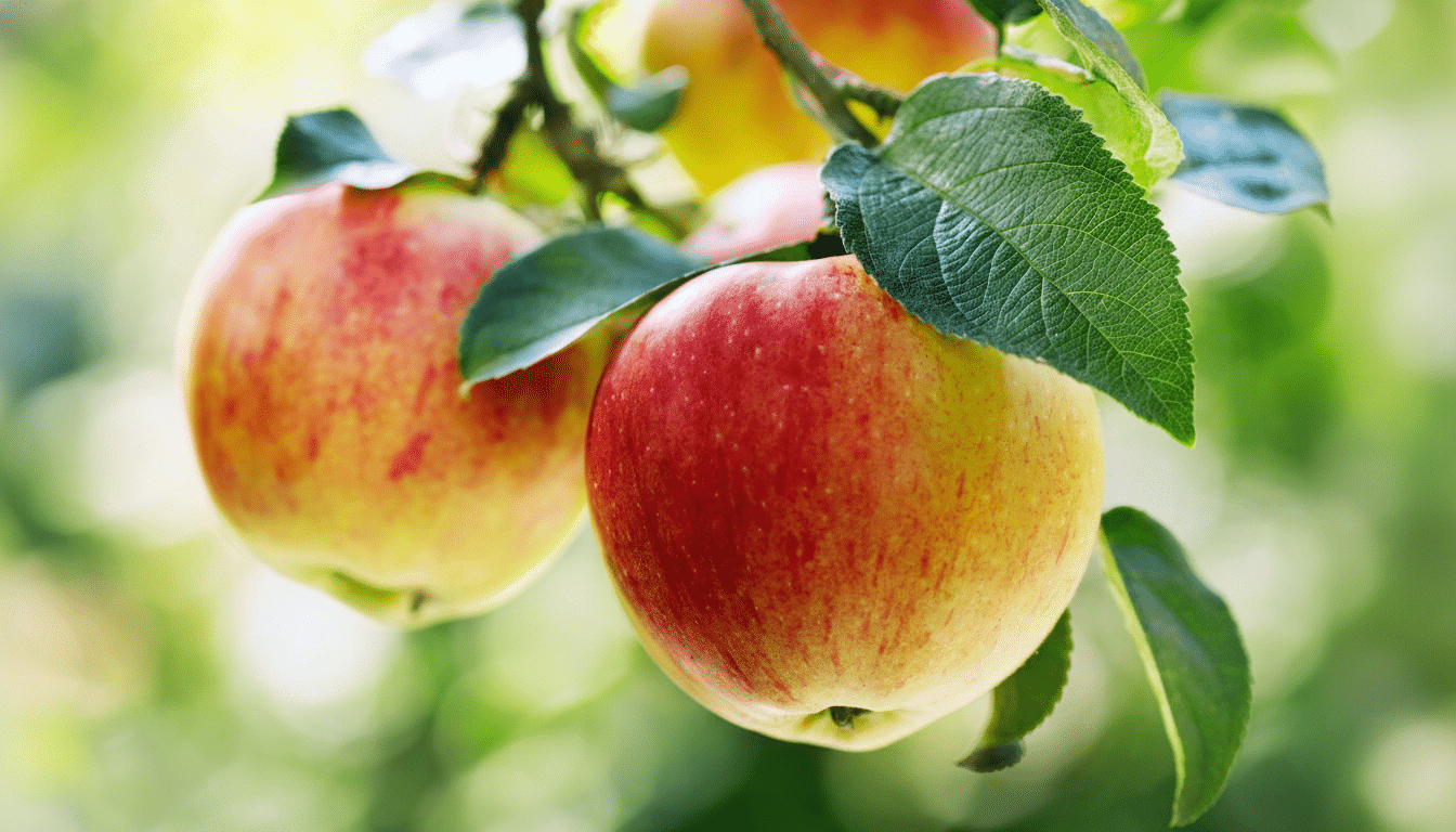 A close -up shot of three ripe , red and yellow apples hanging from a branch with green leaves, against a softly blurred green background.