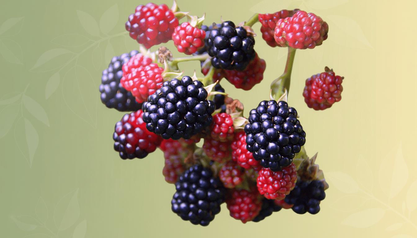 A professionally enhanced image of ripening blackberries on a vine. The background has been replaced with a soft, green - to-yellow gradient with subtle leaf patterns , while the blackberries remain original and centered.
