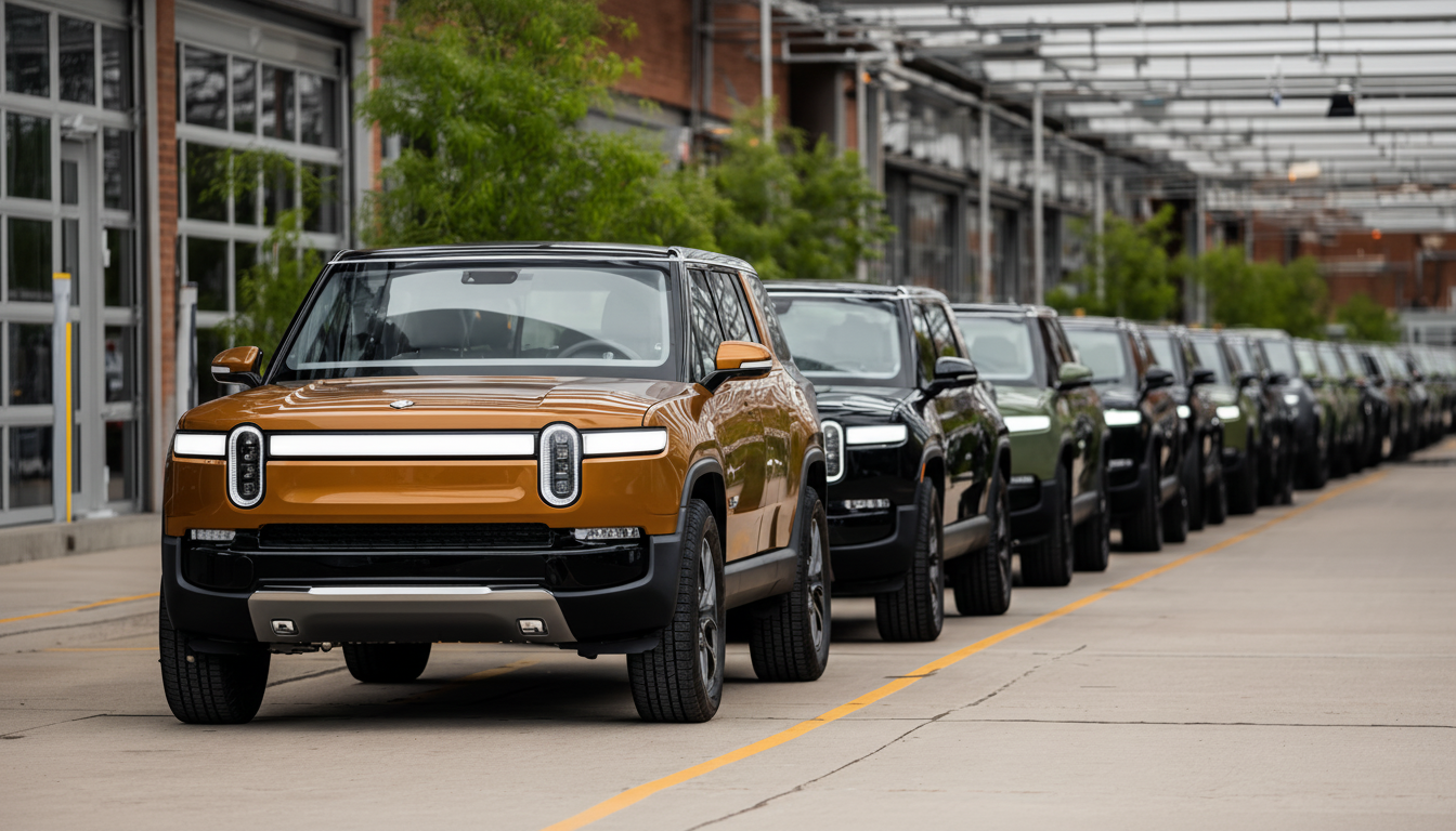 A line of Rivian R1S electric SUVs, with the front vehicle in a distinctive bronze color, parked outdoors in front of a modern building.