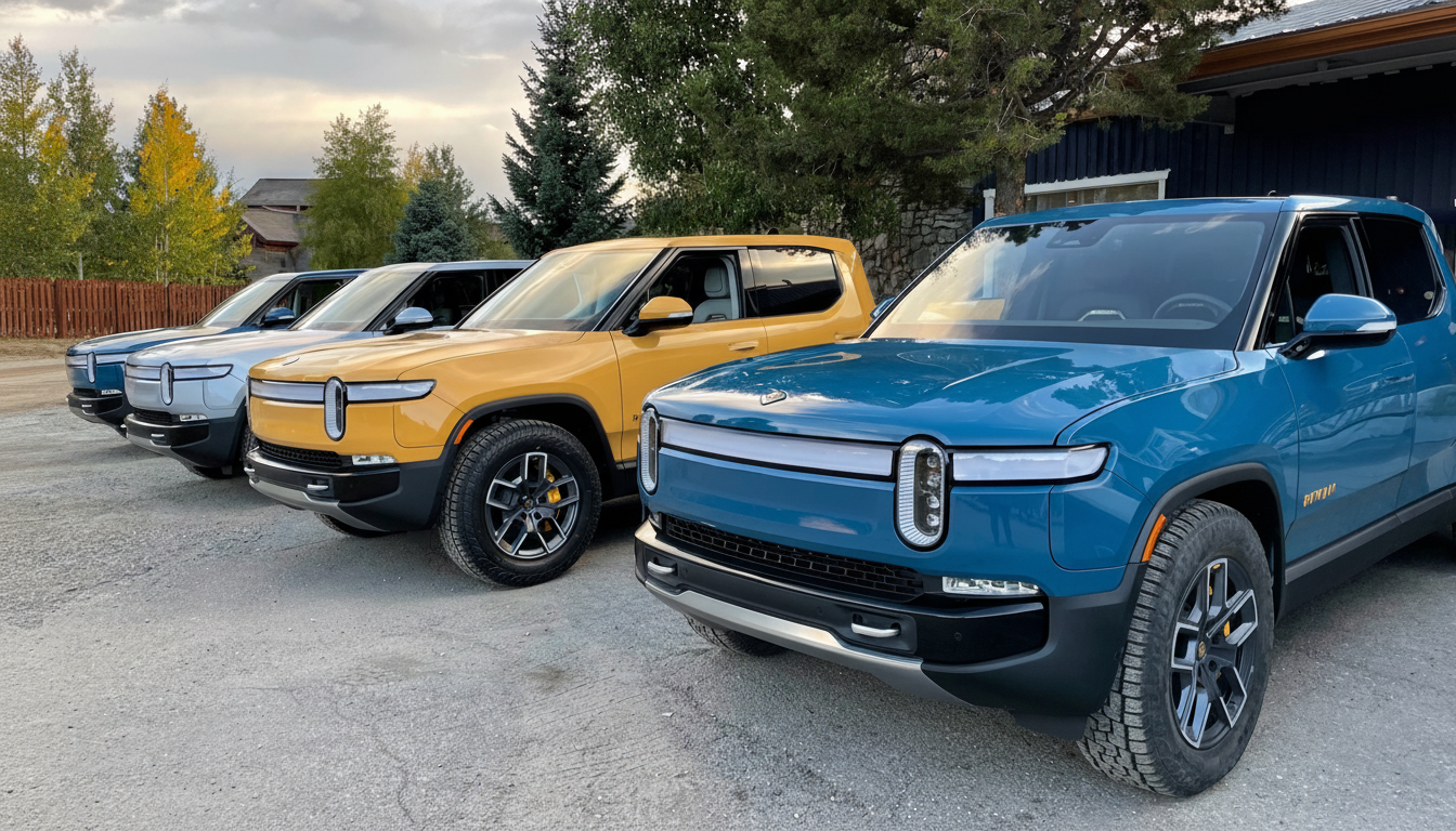 A line of four Rivian electric pickup trucks in various colors, including blue, yellow, and silver, parked outdoors with trees and a building in the background.