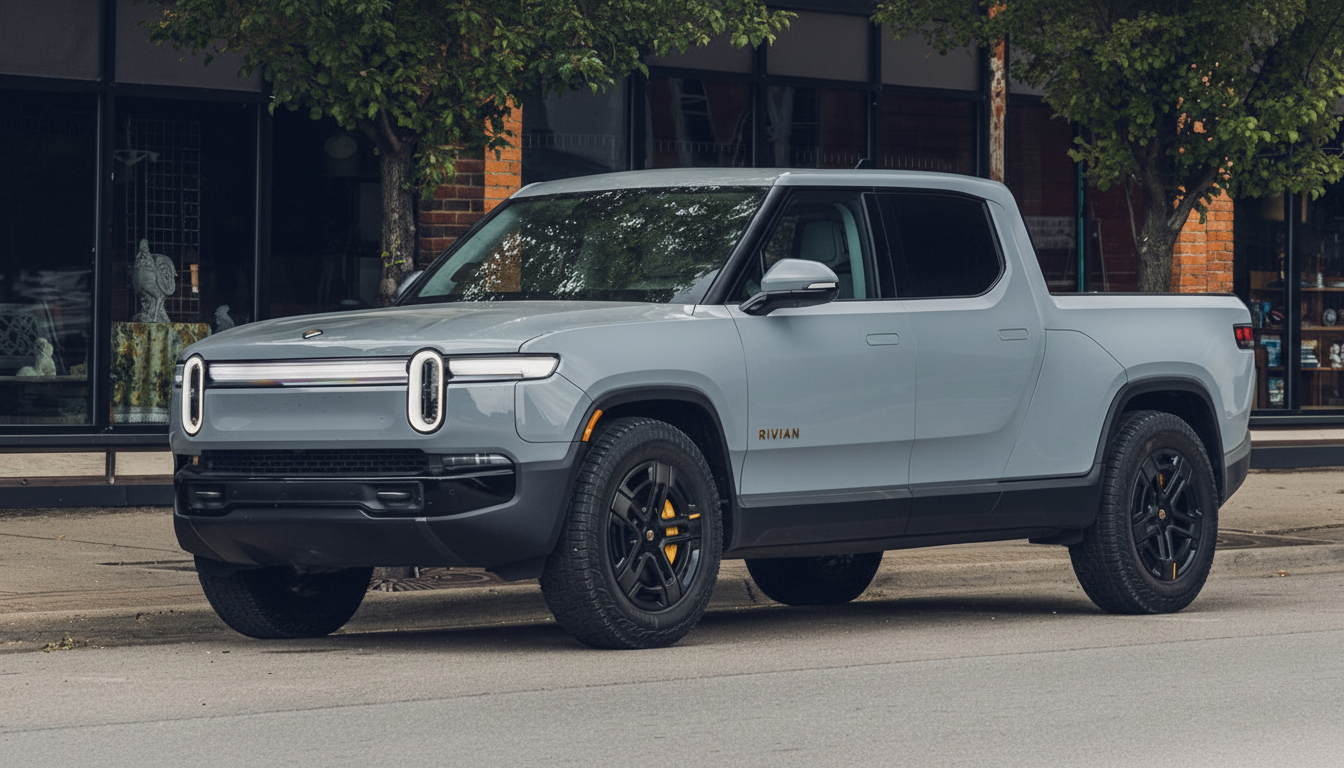 A light gray Rivian R1T electric pickup truck parked on a street in front of buildings with trees.