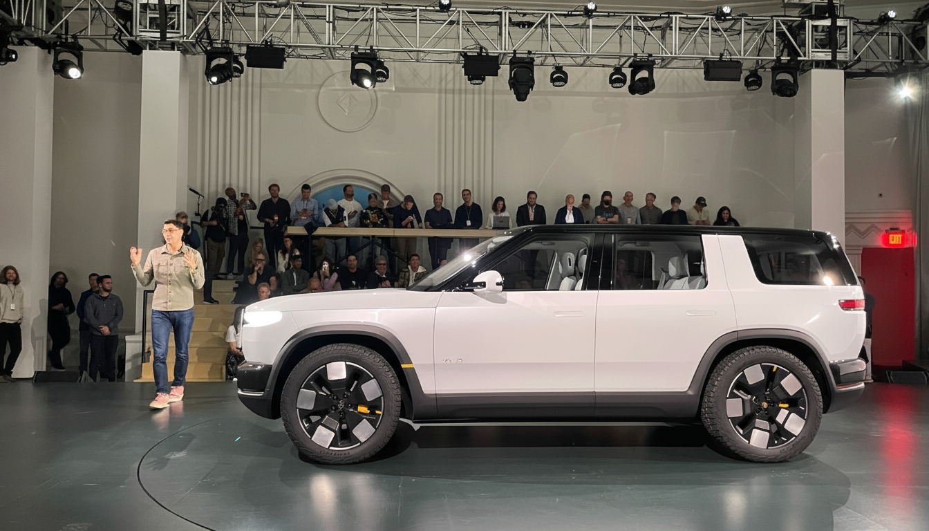A white Rivian R1S electric SUV is presented on a stage with a speaker and an audience in the background.