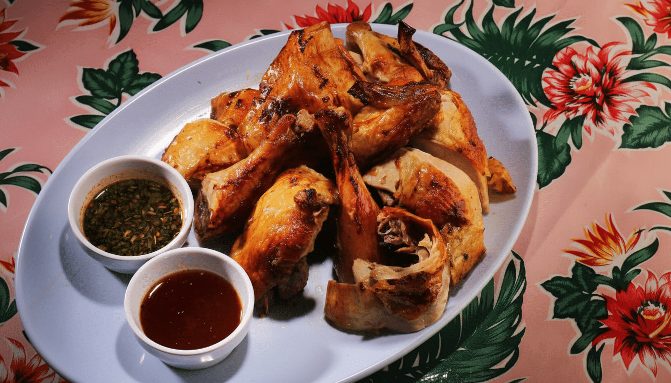 A whole roasted chicken, cut into pieces, served on a light blue oval platter with two small bowls of dipping sauce on a pink floral tablecloth.