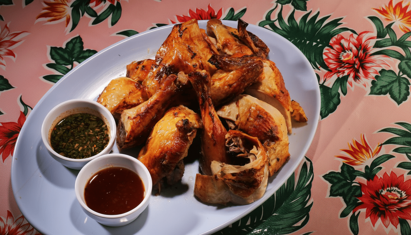 A platter of roasted chicken pieces with two dipping sauces, presented on a floral tablecloth.