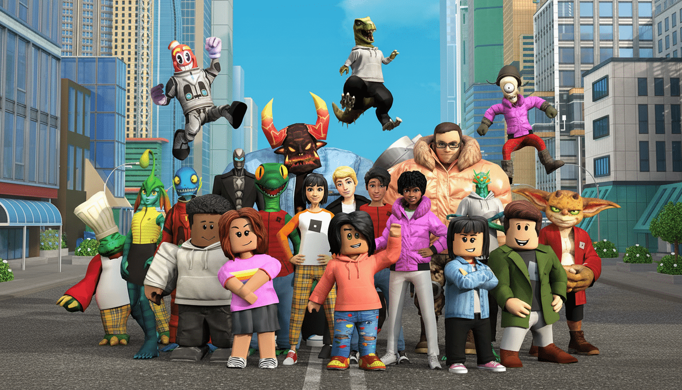 A group of diverse Roblox avatars , including human- like characters, creatures , and robots , standing on a city street with modern buildings in the background.