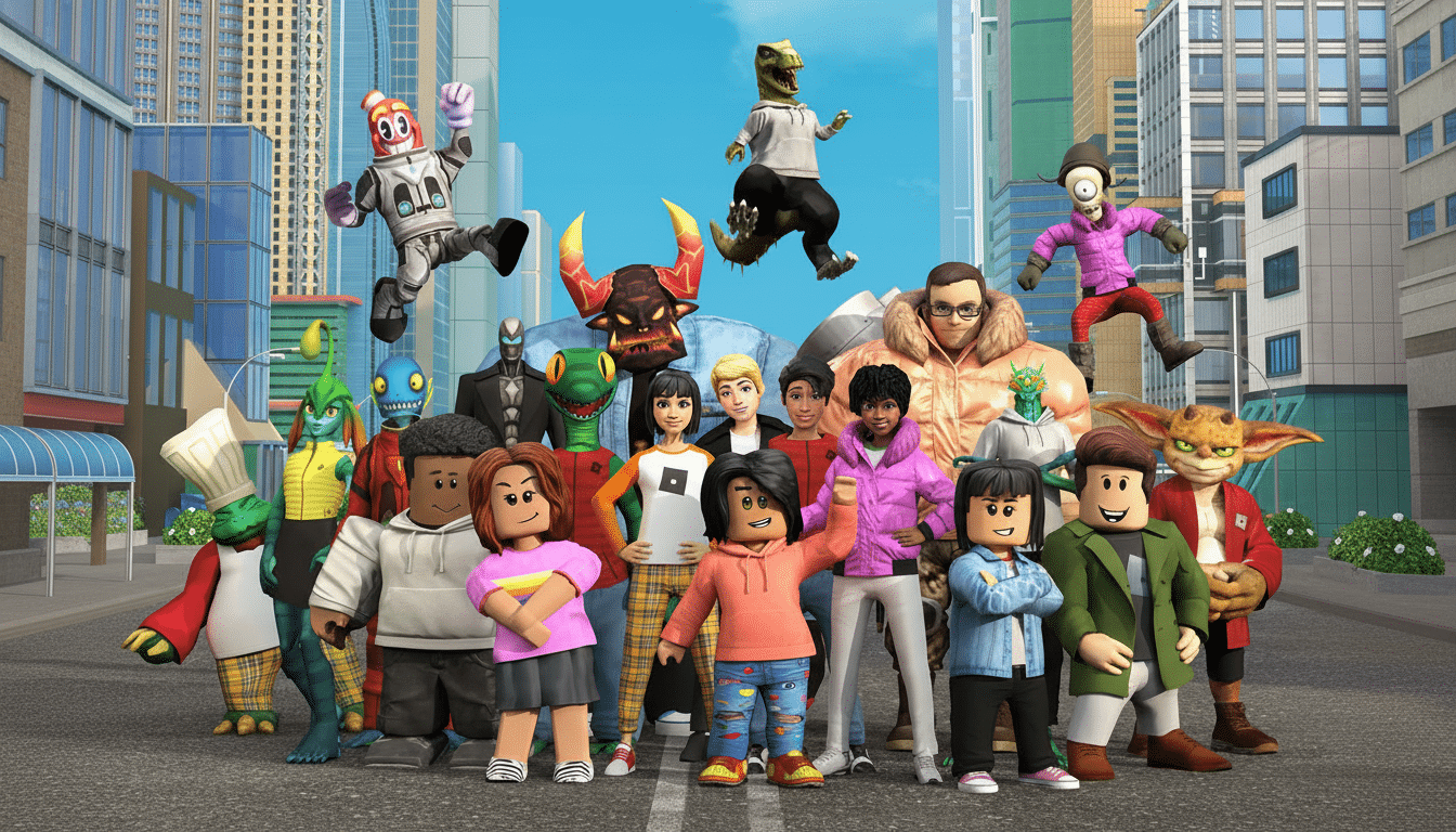A large group of diverse Roblox avatars and characters, including humans , fantastical creatures, and robots , stand in a city street with modern buildings in the background under a clear blue sky.