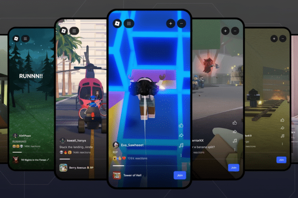 Five mobile phones displaying various Roblox game content in a modern , professional layout . The central phone shows a game featuring a character in a blue and pink neon environment .