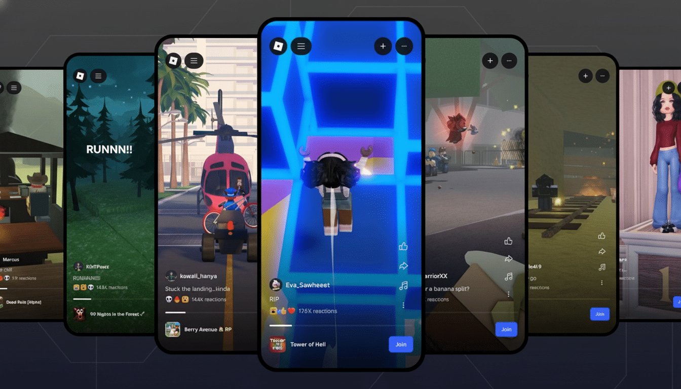 Five mobile phones displaying various Roblox game content in a modern , professional layout . The central phone shows a game featuring a character in a blue and pink neon environment .