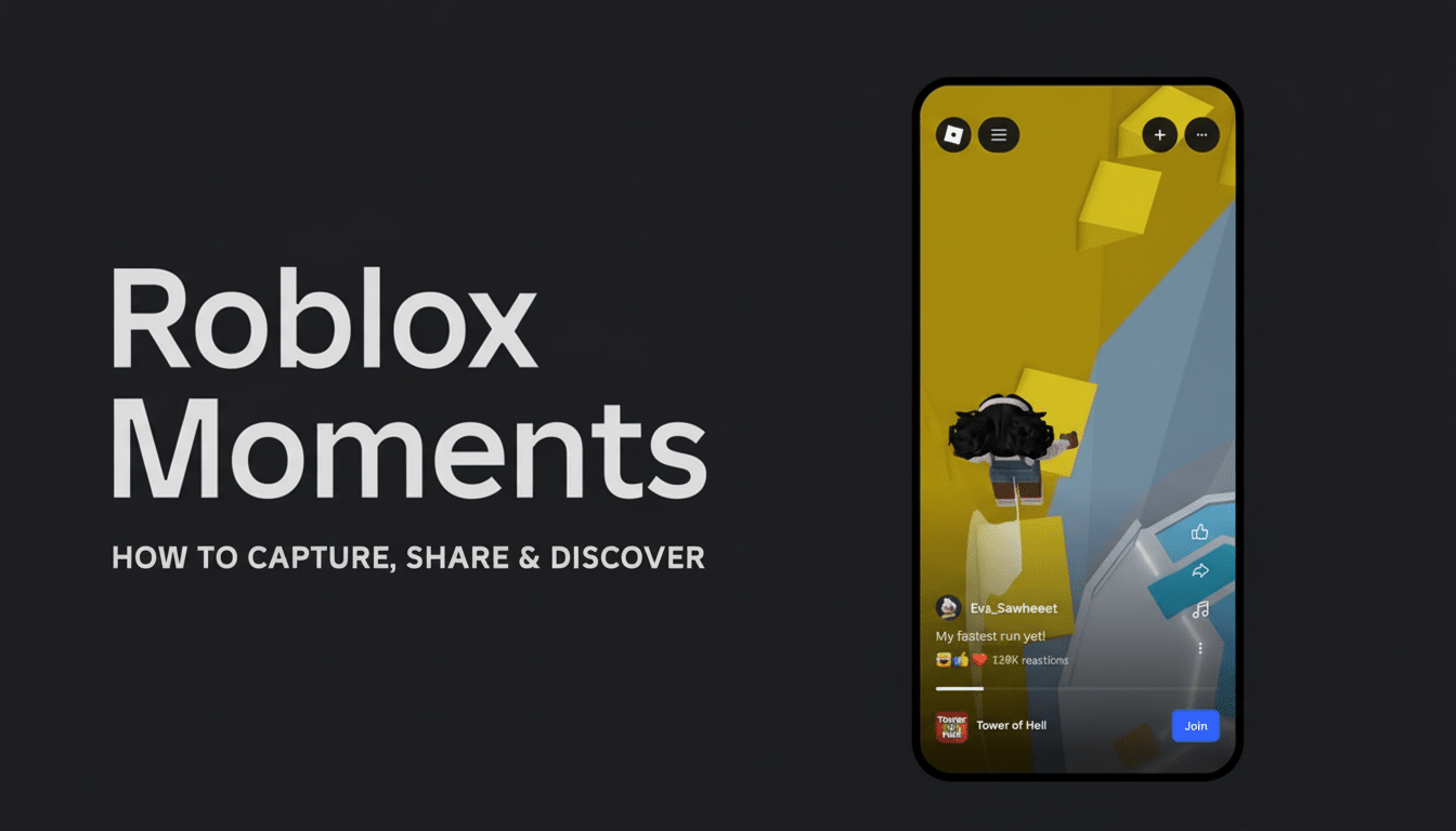 An image featuring the Roblox Moments title on the left side, with a mobile phone on the right displaying a Roblox game in progress. Filename : roblox momentsmobile game .png