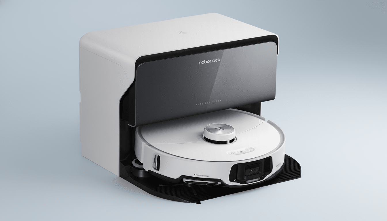 A white Roborock robot vacuum cleaner docked in its auto- dispenser charging station, presented on a subtle gradient background.