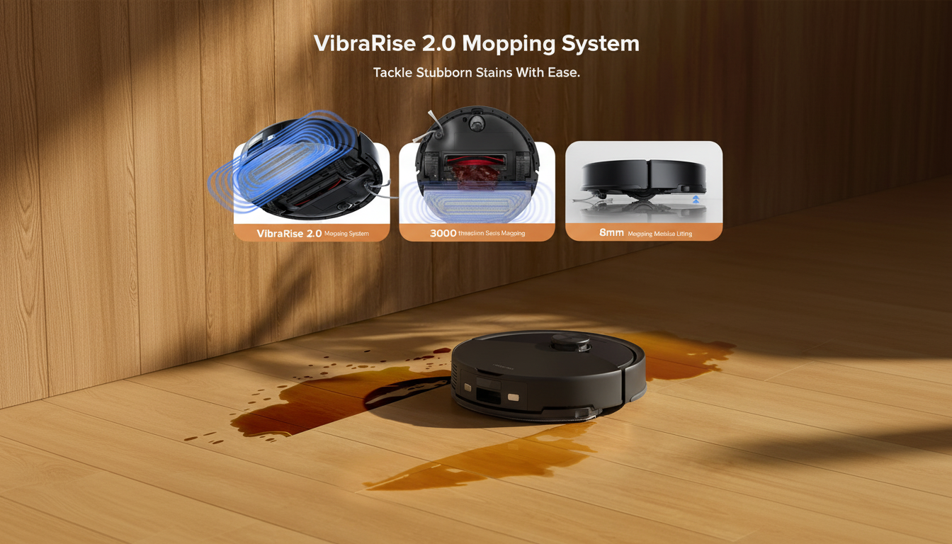 A black robotic vacuum cleaner on a wooden floor next to a spill, with three inset diagrams illustrating its VibraRise 2.0 Mopping System, 3000 times/min Sonic Mopping, and 8mm Mopping Module Lifting features.