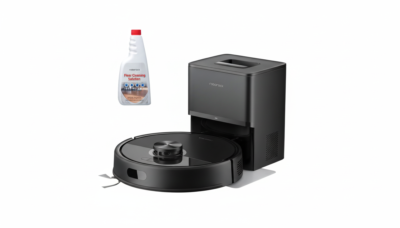 A black Roborock robot vacuum cleaner and its charging dock are displayed next to a bottle of Roborock floor cleaning solution.
