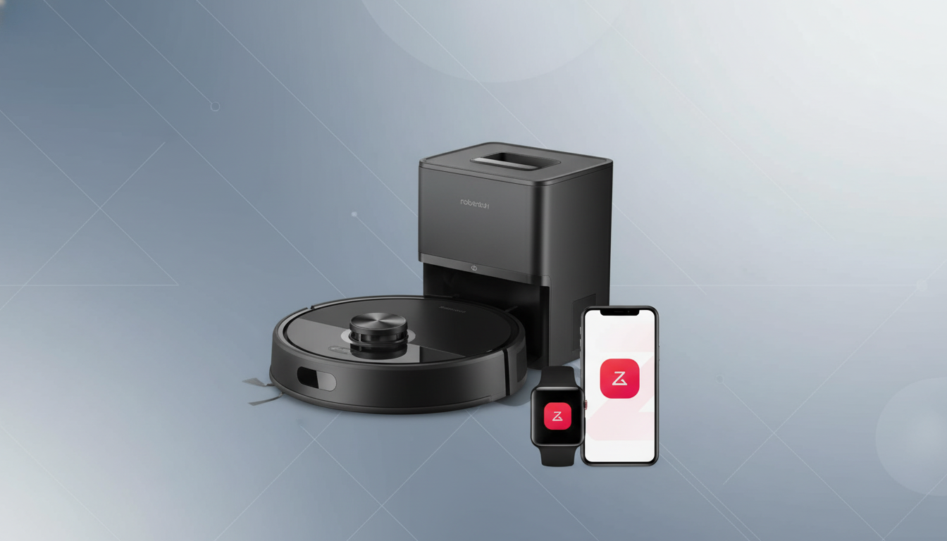 A black robotic vacuum cleaner, its charging dock, a smartphone, and a smartwatch, all displaying a red Z logo, set against a professional flat design background with soft patterns.