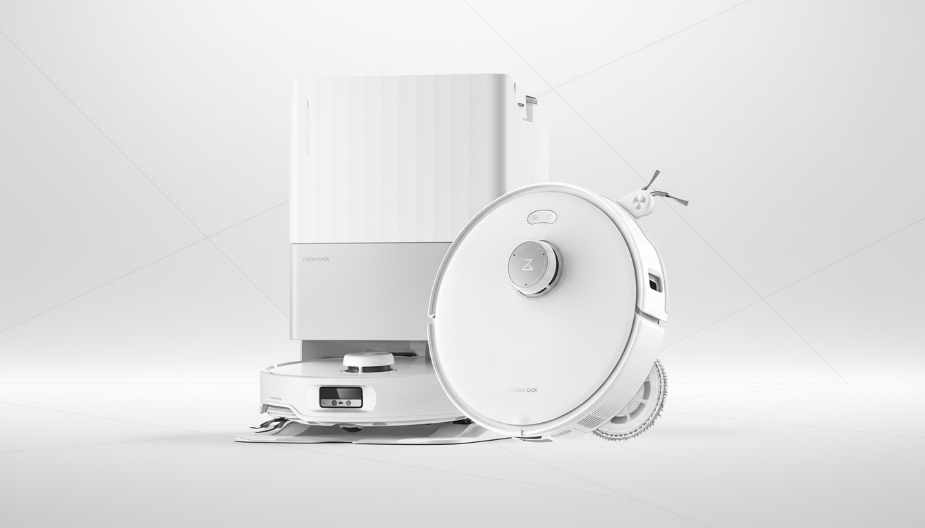 A white Roborock robot vacuum and its docking station are presented against a subtle, light gray geometric background.