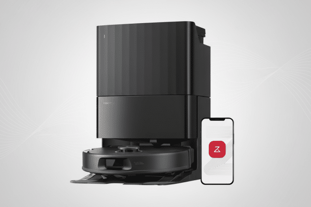 A professional image of a black Rob orock robot vacuum cleaner with its docking station, alongside a smartphone displaying its control app, set against a subtle gray background with a soft wave pattern.