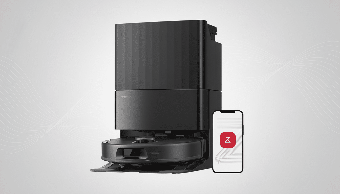 A professional image of a black Rob orock robot vacuum cleaner with its docking station, alongside a smartphone displaying its control app, set against a subtle gray background with a soft wave pattern.