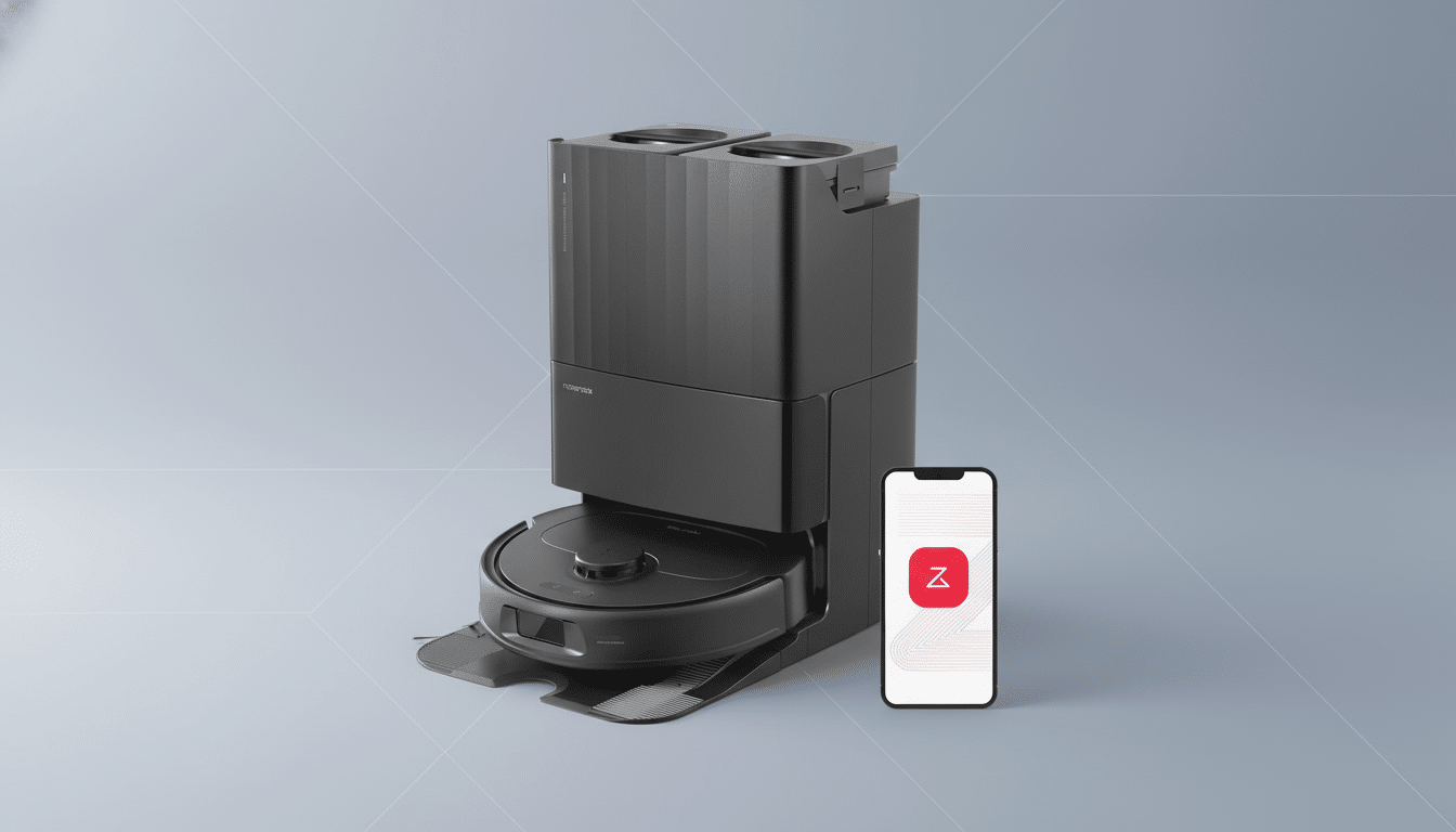 A professional image of a black Rob orock robot vacuum cleaner with its tall self-empt ying station, alongside a white smartphone displaying a red app icon with a  Z. The background is a clean , professional flat design with subtle geometric patterns and a soft gradient. Filename : roborock robotvacuum withphone . png