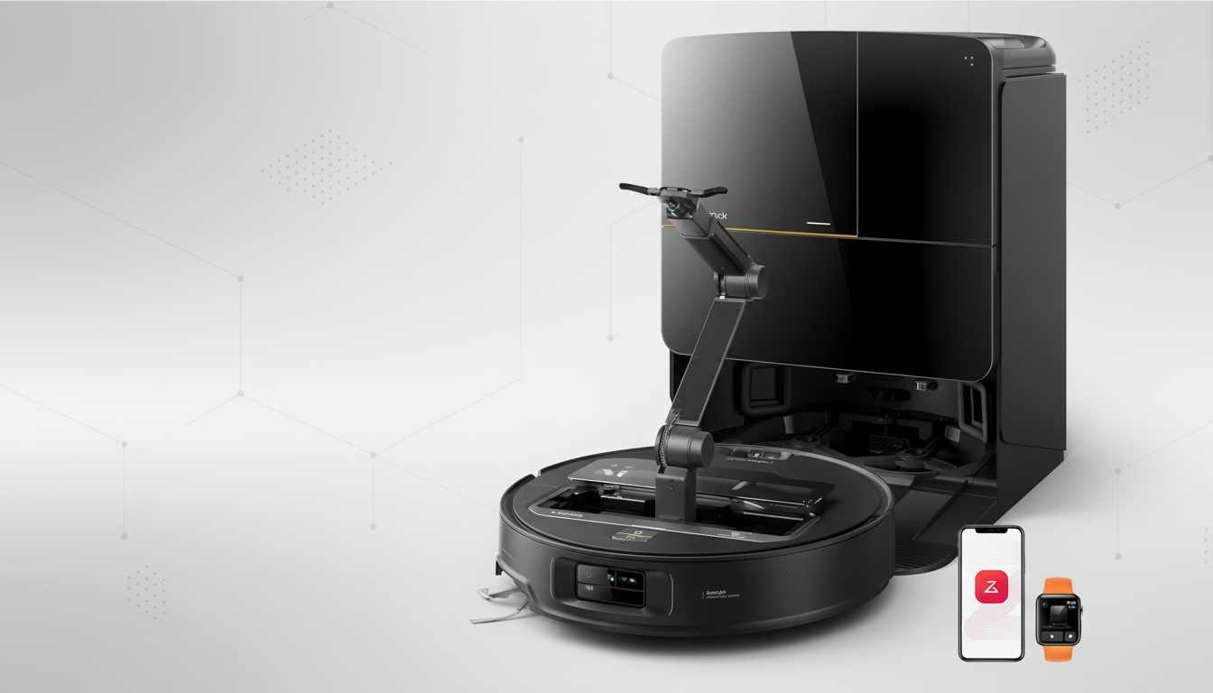 A black robotic vacuum cleaner with an attached robotic arm and a charging station, displayed alongside a smartphone showing an app and a smartwatch, all against a professional flat design background with soft patterns.