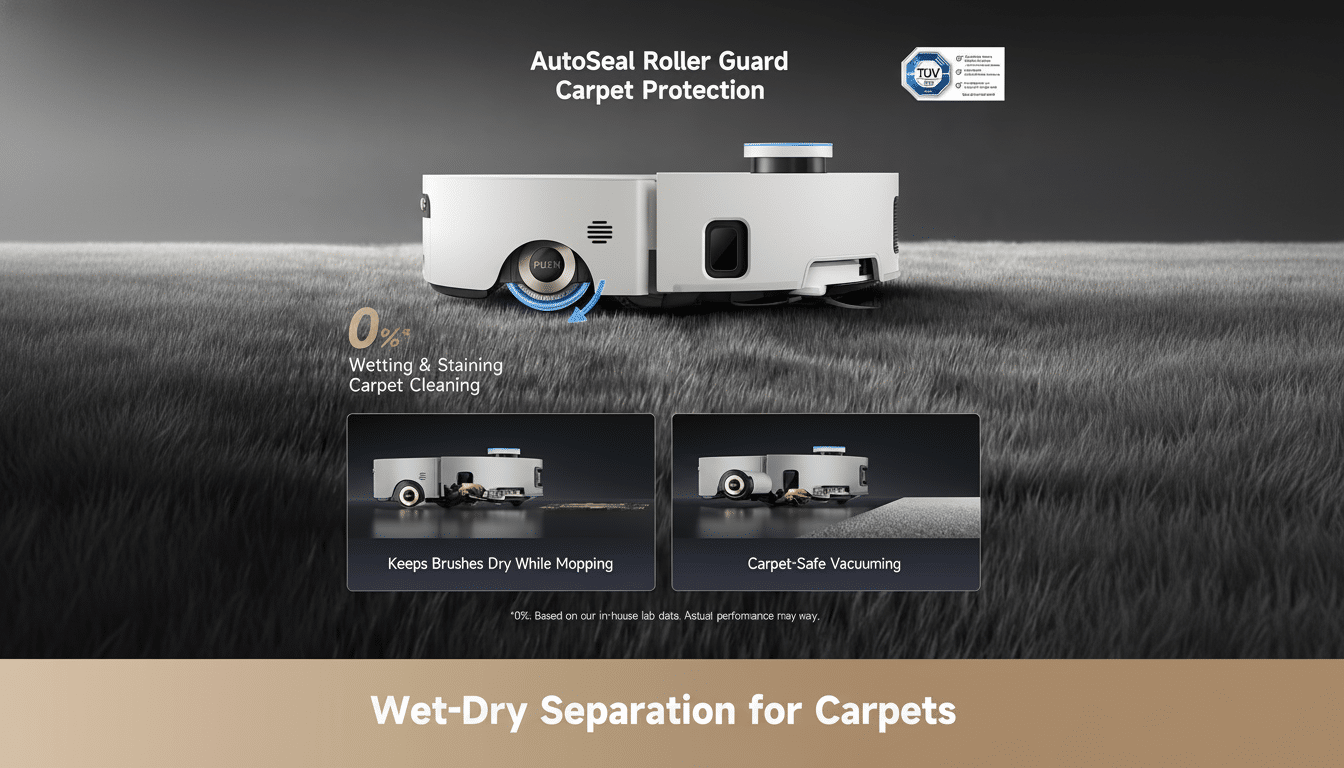 An advertisement for a robot vacuum cleaner , showing its AutoSeal Roller Guard Carpet Protection feature with a comparison of dry brushes while mopping and carpet -safe vacuuming .