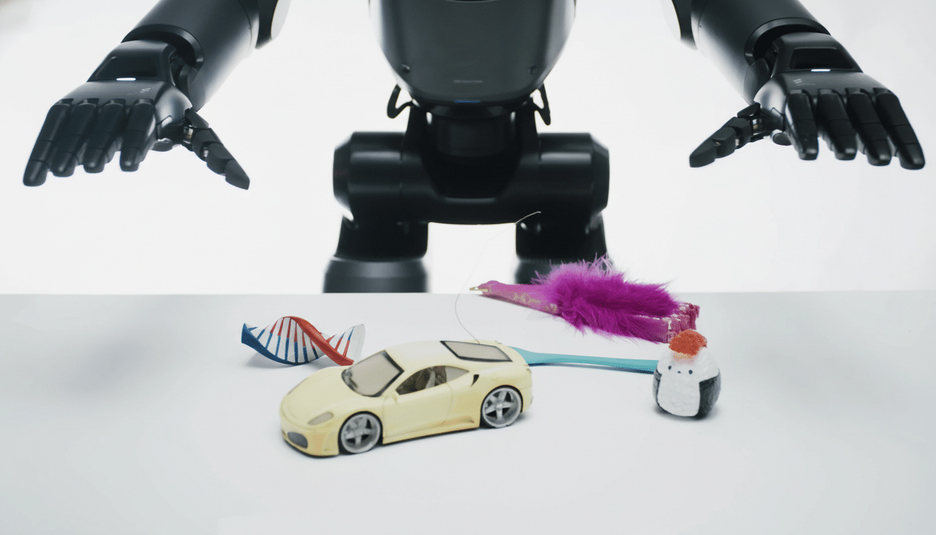 A humanoid robot stands over a table displaying various objects , including a toy car, a DNA model , a cat toy, and a small sushi figurine , against a clean white background.