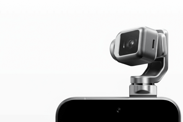 A professional shot of a robotic camera attachment in silver and black on a smartphone , on a white background. Filename : roboticcamera attachment.png