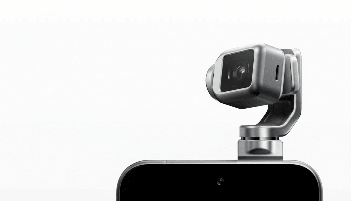 A professional shot of a robotic camera attachment in silver and black on a smartphone , on a white background. Filename : roboticcamera attachment.png