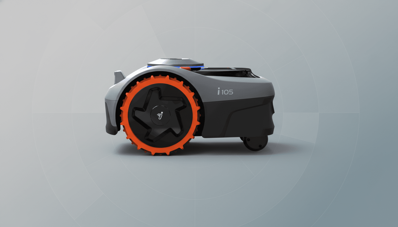 A robotic lawnmower with grey housing and an orange wheel, on a subtle grey gradient background with faint circular patterns.