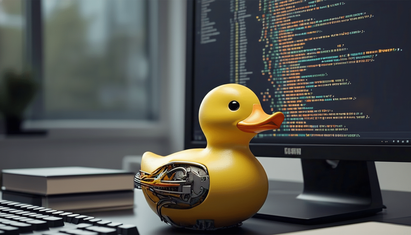 A professional , enhanced image of a yellow rubber duck with exposed robotic parts on its side, sitting on a desk in front of a computer monitor displaying code , resized to a 16: 9 aspect ratio.