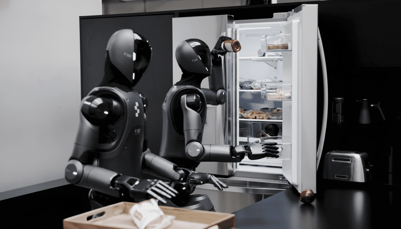 Two humanoid robots in a kitchen , one opening a refrigerator and holding a bottle, the other standing beside a counter.