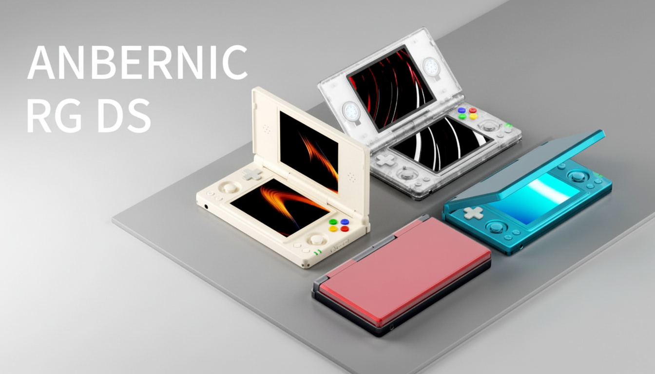 A 16:9 aspect ratio image of four Anbernic RG DS handheld gaming consoles in various colors (cream, clear, blue, and pink) arranged on a gray surface, with the text ANBERNIC RG DS in white on the left.