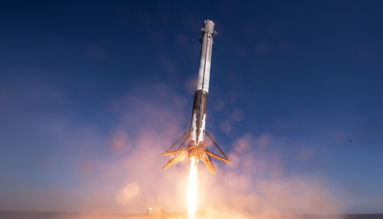 A rocket booster landing with bright orange exhaust flames against a dark blue sky .
