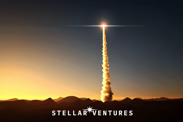 A rocket launching into a gradient sky from a desert landscape at sunrise , with STE LLAR VENTURES text at the bottom.