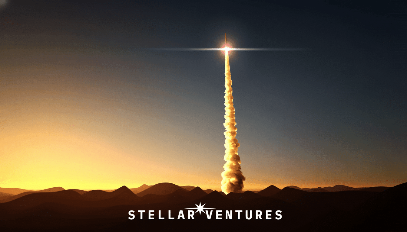 A rocket launching into a gradient sky from a desert landscape at sunrise , with STE LLAR VENTURES text at the bottom.