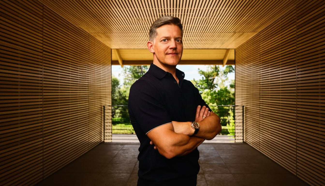 A man in a black polo shirt with his arms crossed, standing in a modern architectural space with wooden slatted walls and an outdoor view.