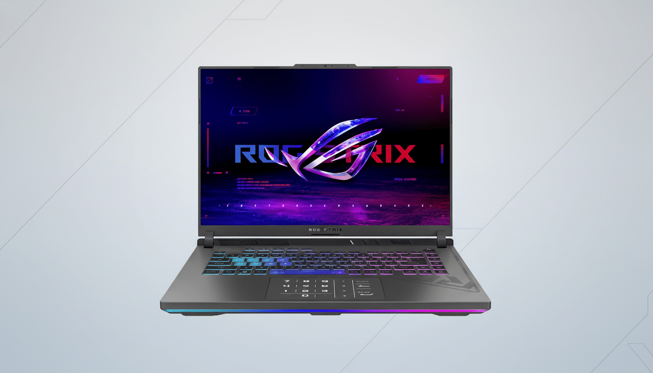 A front view of an ROG Strix laptop on a light gray background with subtle geometric patterns. The screen displays a colorful ROG St rix logo and other UI elements. The keyboard and under glow lighting are illuminated with vibrant RGB colors. Filename : rogst rixlaptop professional .png