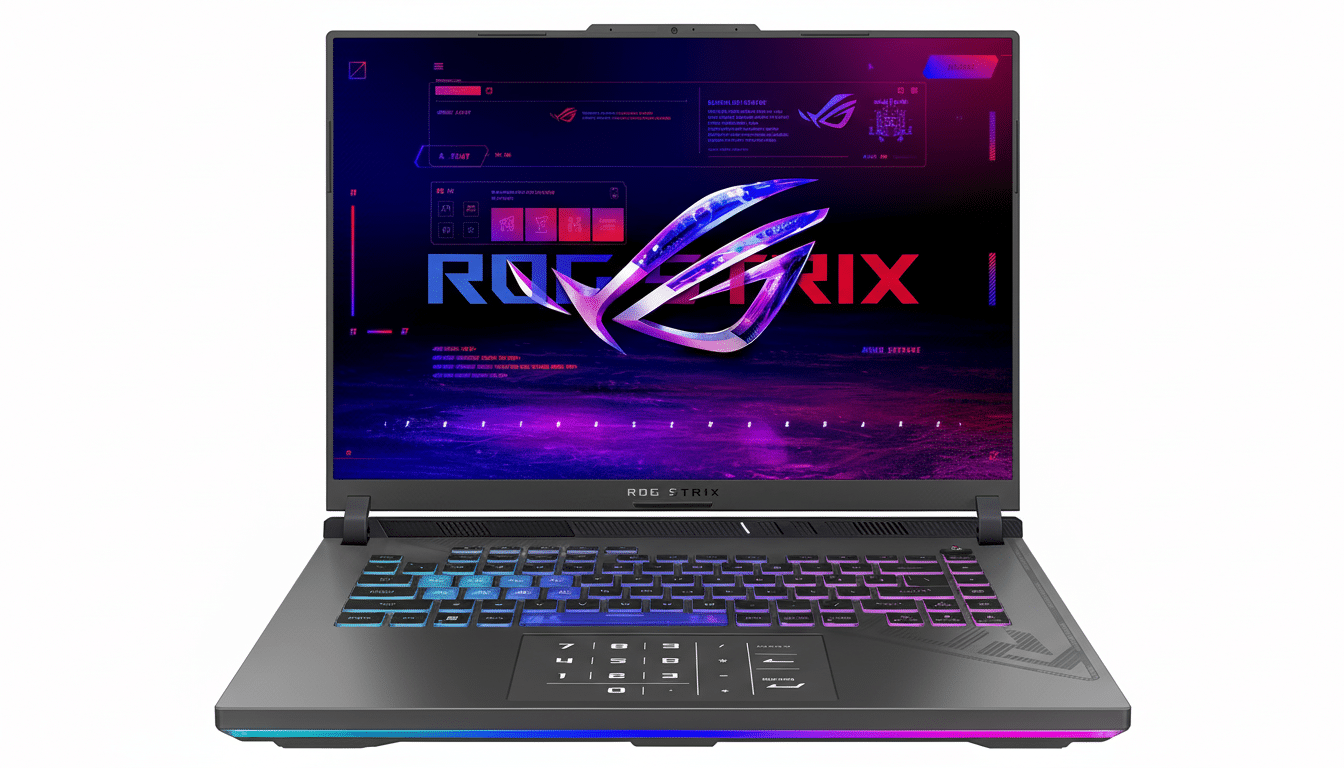 A high -performance gaming laptop with a vibrant, illuminated keyboard and a screen displaying a colorful ROG St rix logo and interface.