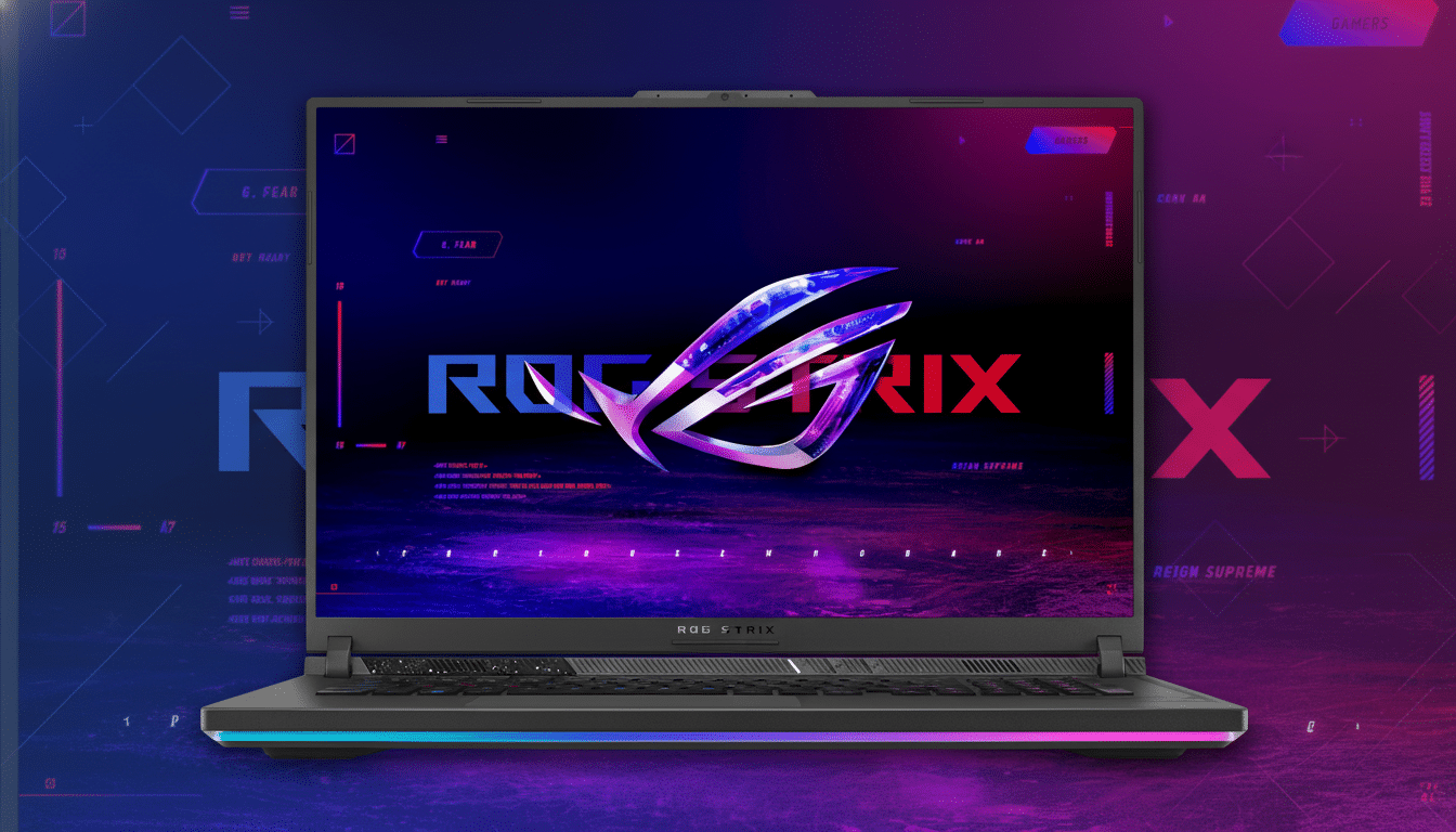 A high -performance gaming laptop with a vibrant ROG St rix logo on its screen and RGB keyboard back lighting, set against a dark, professionally enhanced background with subtle geometric patterns in blue and pink hues .