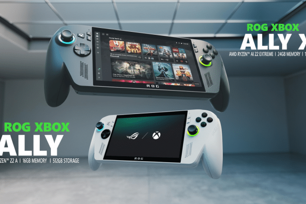 Two ASUS ROG Ally handheld gaming consoles , one white (Ally ) and one dark gray (Ally X), are displayed with their specifications. The white console is in the foreground, and the dark gray is slightly above and behind it. Both screens display game interfaces .