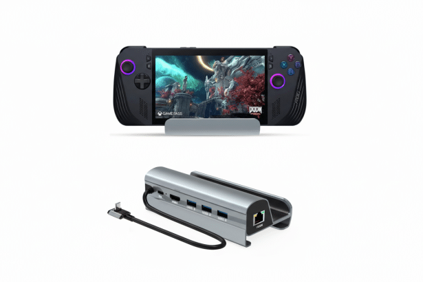 An ASUS ROG Ally handheld gaming console displaying Doom Eternal on its screen, positioned above a silver docking station with multiple ports ( PD , HDMI, USB 3 .0 x 3, and 1000 M Ethernet), against a clean white background.
