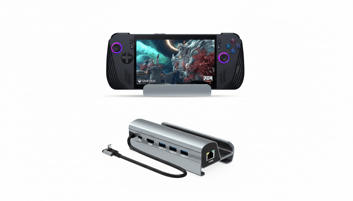 An ASUS ROG Ally handheld gaming console displaying Doom Eternal on its screen, positioned above a silver docking station with multiple ports ( PD , HDMI, USB 3 .0 x 3, and 1000 M Ethernet), against a clean white background.