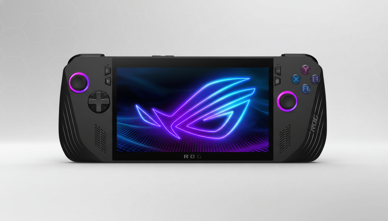 A professional , enhanced image of the ROG Ally handheld gaming console with a professional flat design background in a 1 6:9 aspect ratio. Filename : rogally handheld console . png