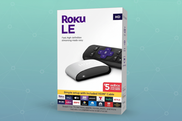 The Roku LE streaming device box , featuring the device and remote, set against a teal background with a subtle network pattern.