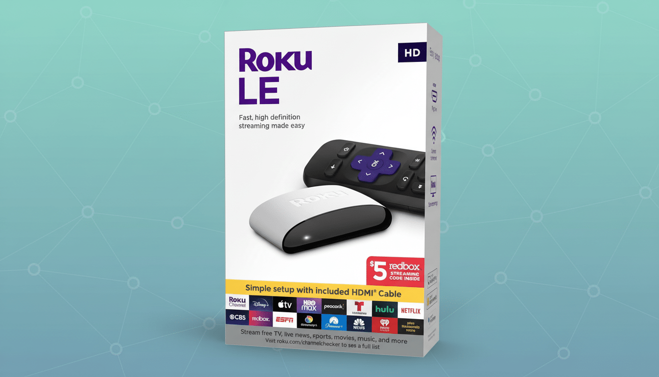The Roku LE streaming device box , featuring the device and remote, set against a teal background with a subtle network pattern.