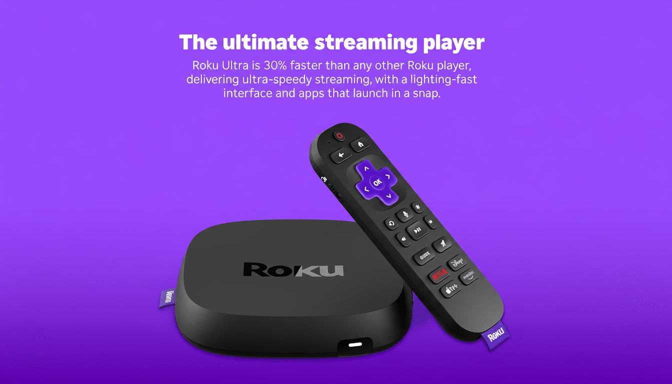 A Roku Ultra streaming player and its remote control on a purple background with text describing it as The ultimate streaming player.