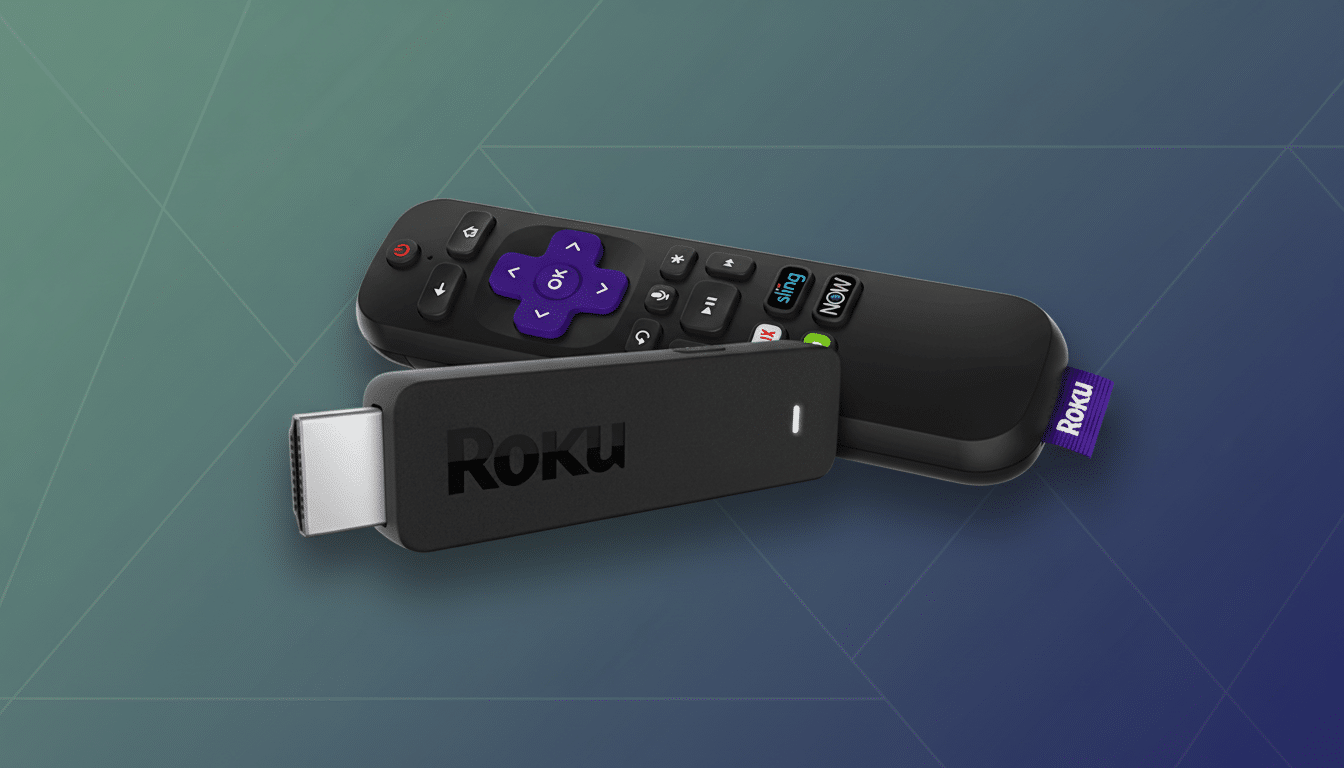 alt text: Roku streaming stick and remote control on a professional flat design background with sof