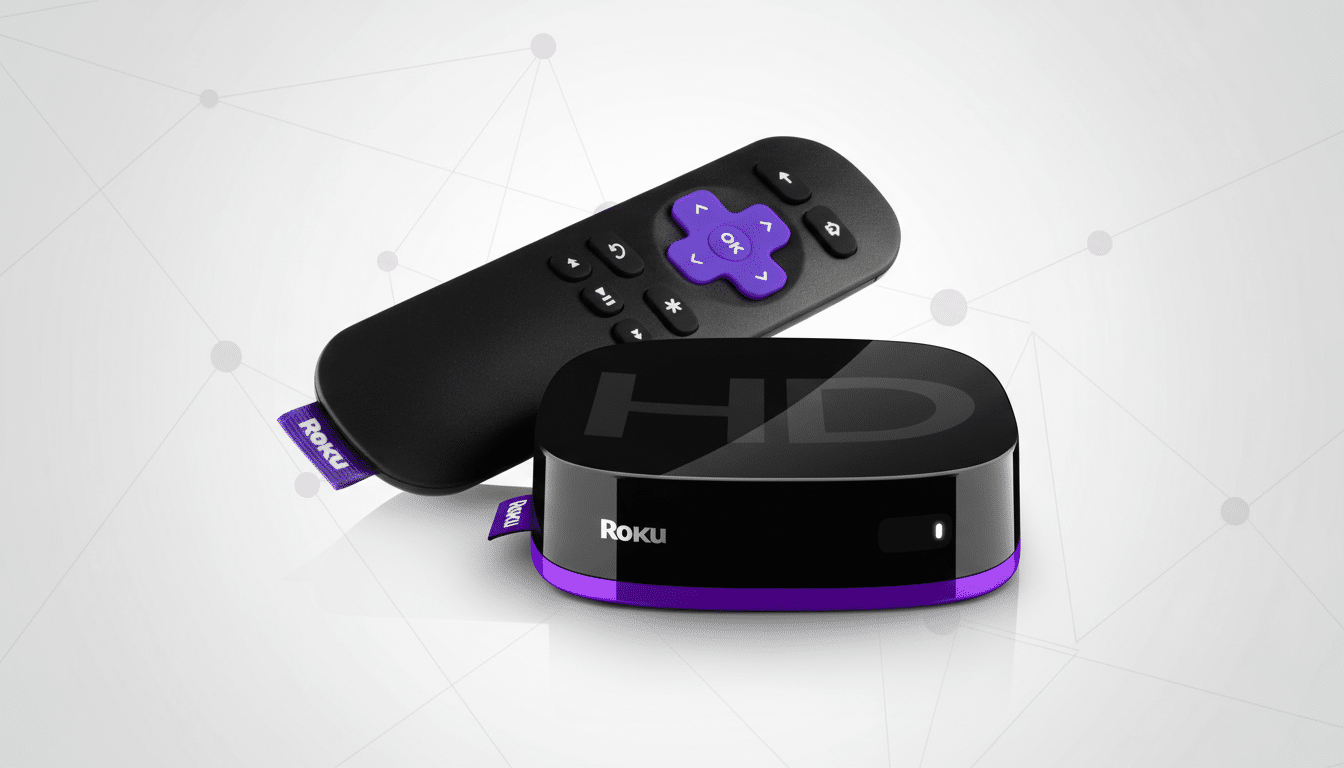 A professional shot of a black Roku streaming device and its remote control, with purple accents, set against a modern grey background with a subtle network pattern.